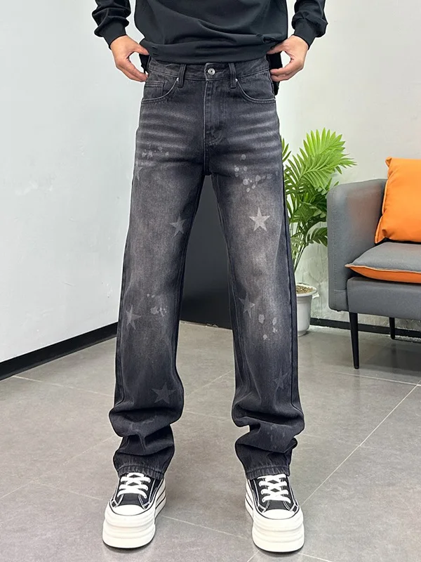 

Мужские джинсы прямого кроя с принтом в стиле ретро American Star, повседневные, модные, городские, с эффектом потертости, длинные брюки, серия High Street