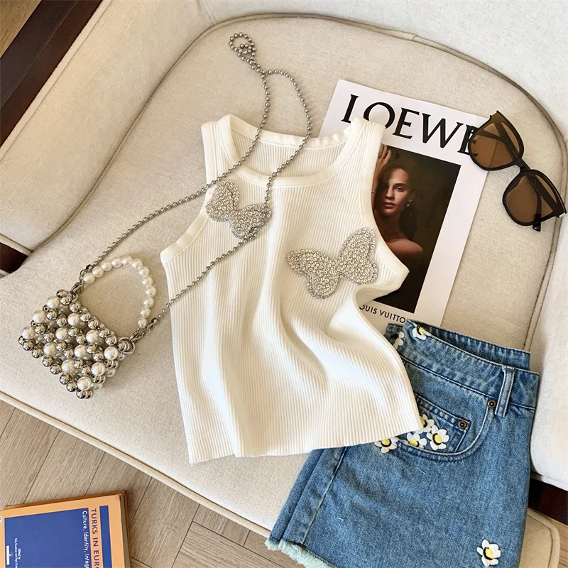 2024 Summer Sexy Slim Sweater Vests Women Crop Tops Knitwear Rhinestones Butterfly Sleeveless O-neck Stylish Fashion Chic Jumper