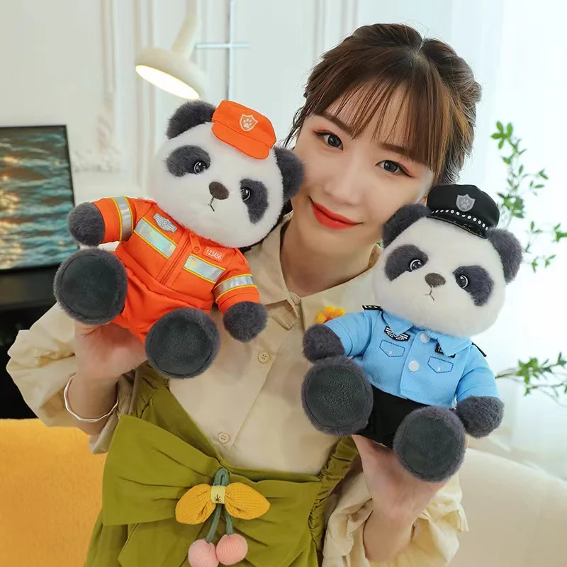 23-58cm Cute Creative Traffic Police Firefighting Panda Doll Cartton Stuffed Motorcycle Locomotive Bear Toy for Boys Gifts Decor