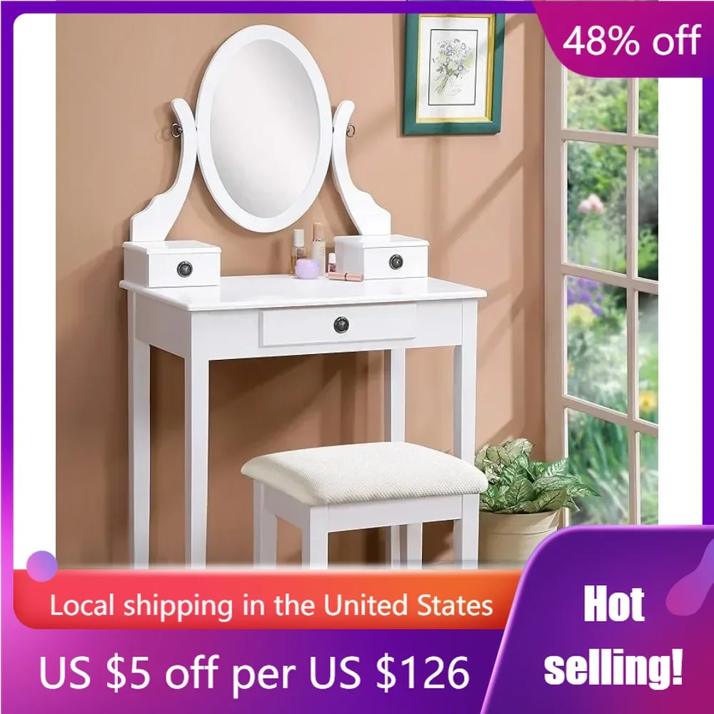 

White Wood Vanity Table and Stool Set Medium Freight Free Dresser With Mirror Dressing Furniture Makeup Bedroom Home