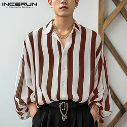 Men Striped Shirt Lapel Long Sleeve Button Loose Streetwear Men Clothing 2024 Korean Style Fashion Casual Shirts INCERUN S-5XL