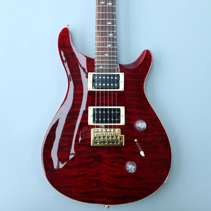 High quality electric guitar, wine red floral water ripple finish, rosewood fingerboard, gold hardware, 2 pickups, vibrato