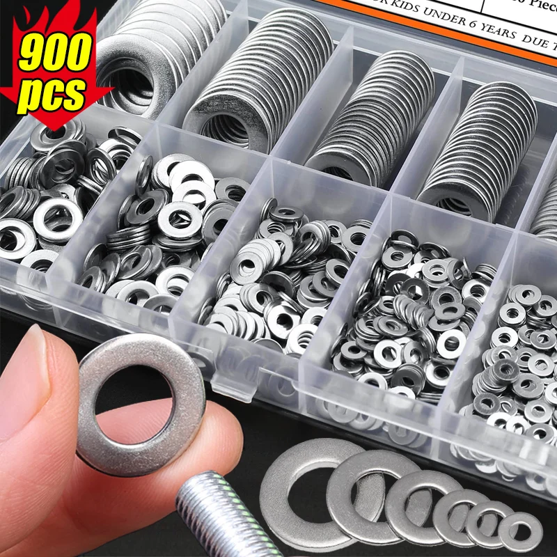 

900pcs Stainless Steel Flat Repair Washers Plain Hardware Washer for Screw Bolts Assortment Set Plain Ring Fastener Gaskets