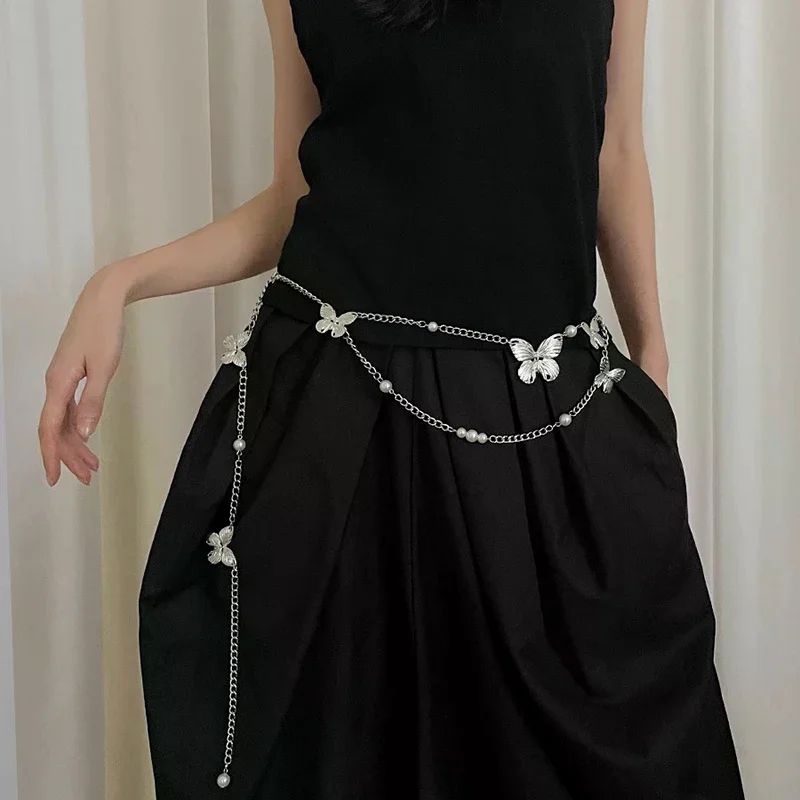 Fashion Multilayer Imitation Pearl Butterfly Waist Chain Women Retro Bohemian Ethnic Style Body Chains Dress Accessories Gifts