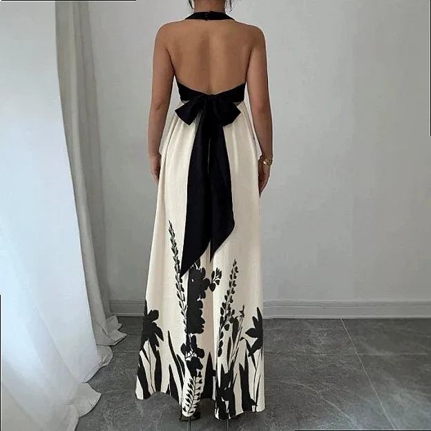 Women's Summer Vacation Halter Backless Bow Tie Contrast Flared Dress Dresses