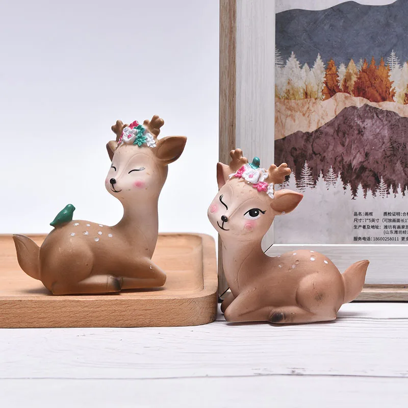 Mini Sika Deer Figurines Resin Craft Miniatures Fairy Garden Decor Bonsai Terrarium Figurines Cake Topper Decor Desktop Ornament