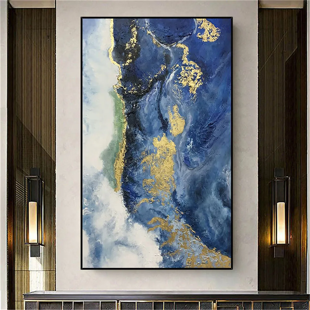 

Pure Handmade Abstract Oil Paintings Large Size Handpainted Modern Blue Gold Cloud Canvas Poster Decor Home Living Room Wall