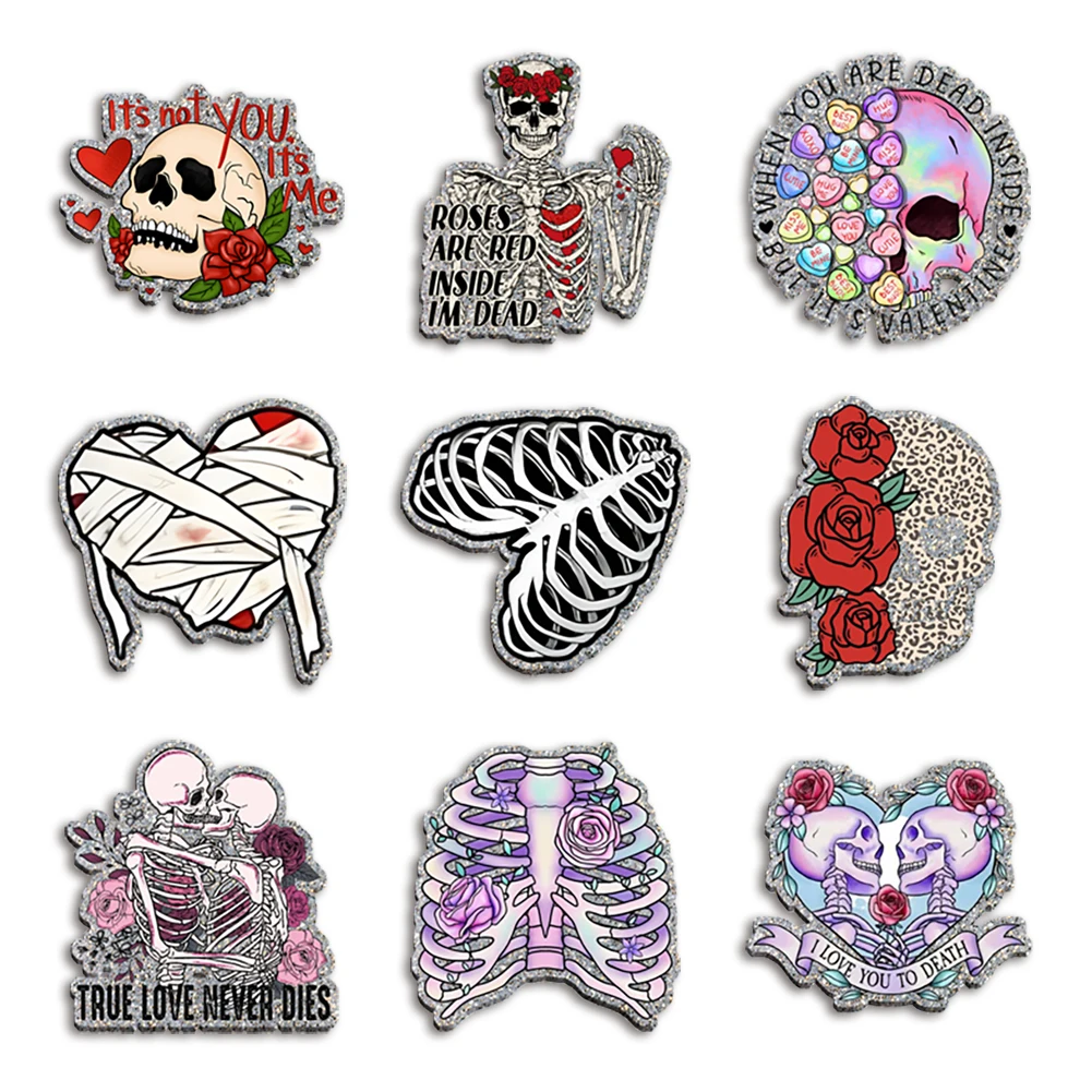 

5pcs/lot Valentine Silver Glitter Skull Acrylic Patch For DIY Decoration Shoes Phone Case Bow Keychain Craft Supplies