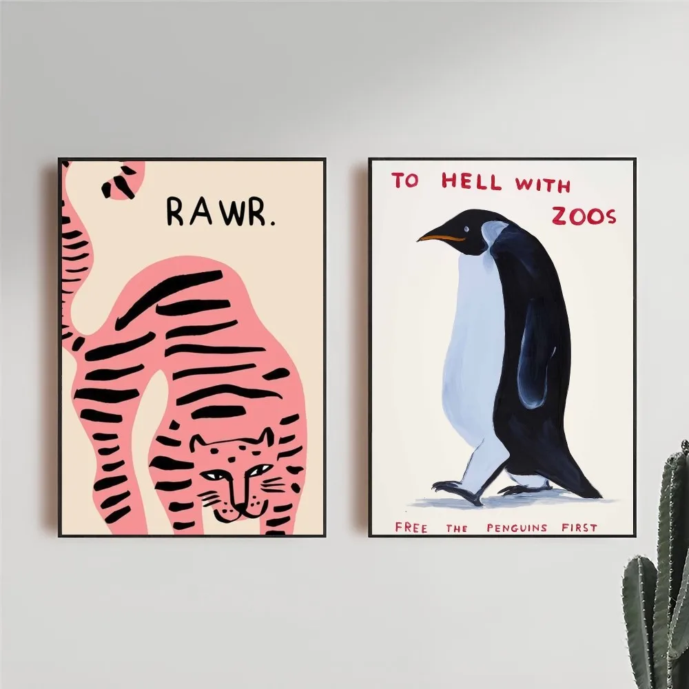 David Shrigley Tiger Penguin Whale Shell Cat Poster Self-adhesive Art Waterproof Paper Sticker Coffee House Bar Room Wall Decor