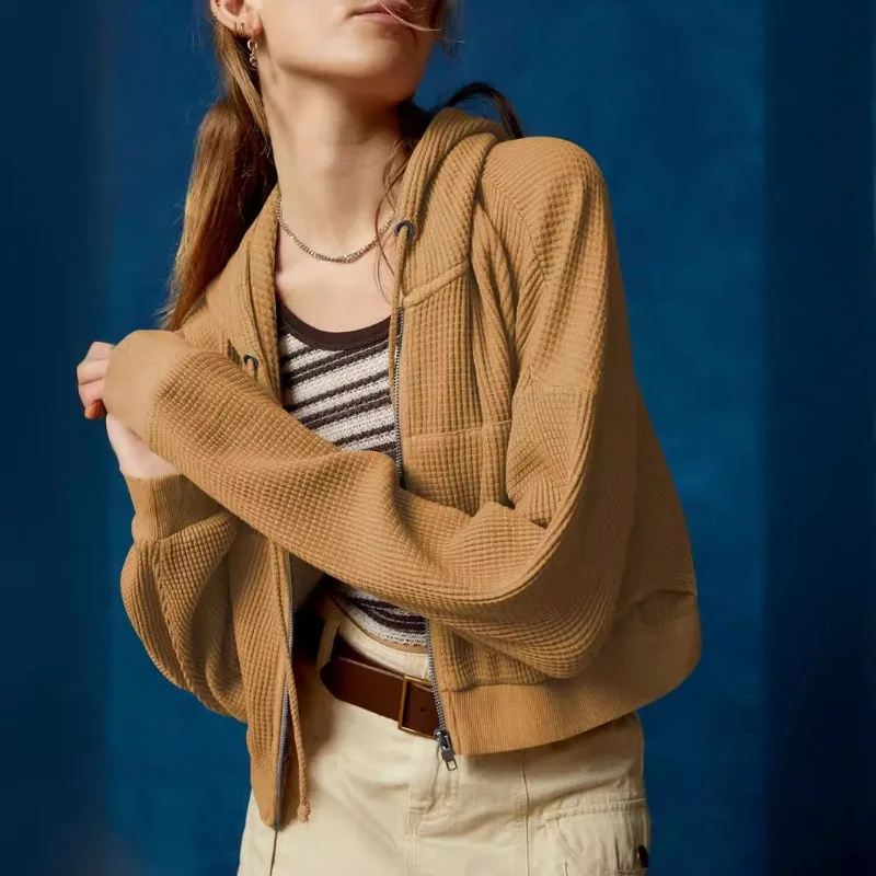 New Autumn Casual Sweatshirt Women Hooded Zipper Cardigan European and American Style Waffle Texture Solid Color Women Pullovers