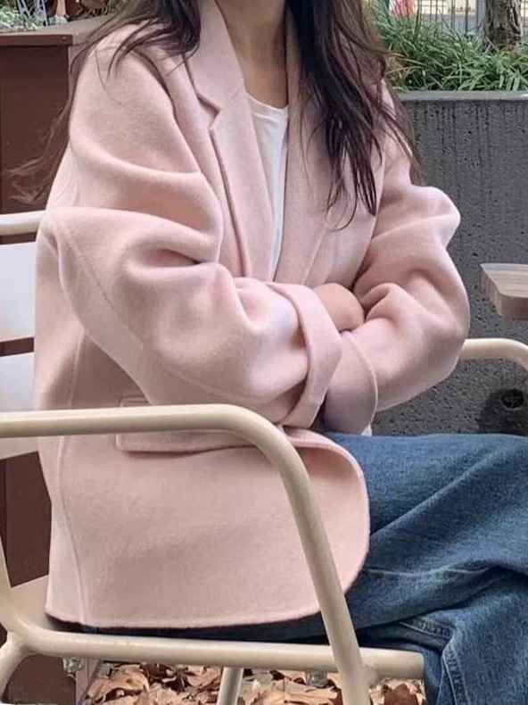 Korean High-End Suit Collar Warm Fce Women's Outerwear Early Winter Trend Soft Sweet Pink Woolen Coat Faionable