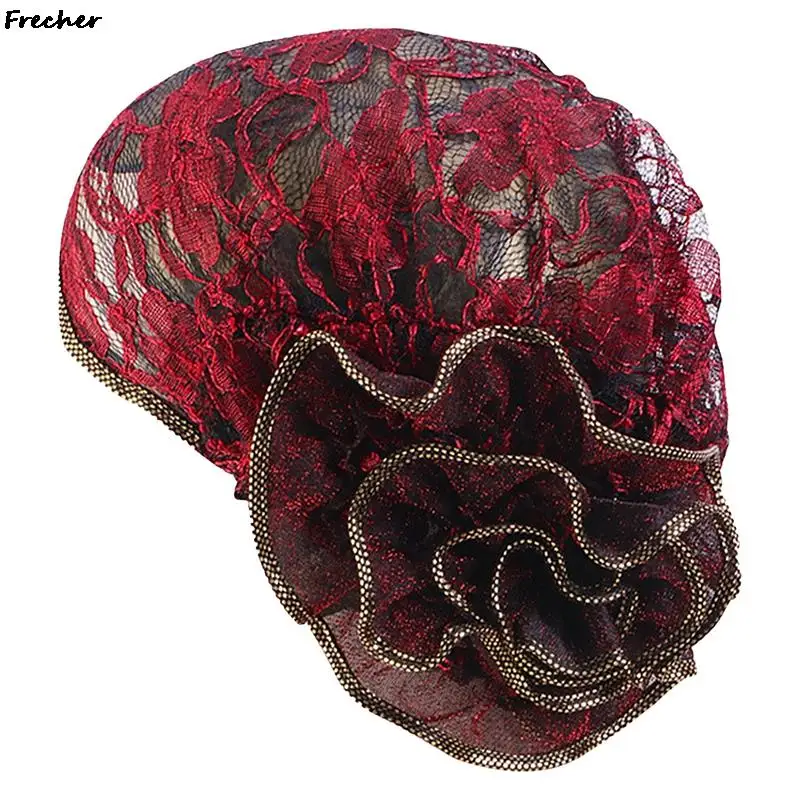 Pañuelo para la cabeza de fiesta de boda para mujer, turbante de encaje con flores, gorro musulmán, Hijab Islámico