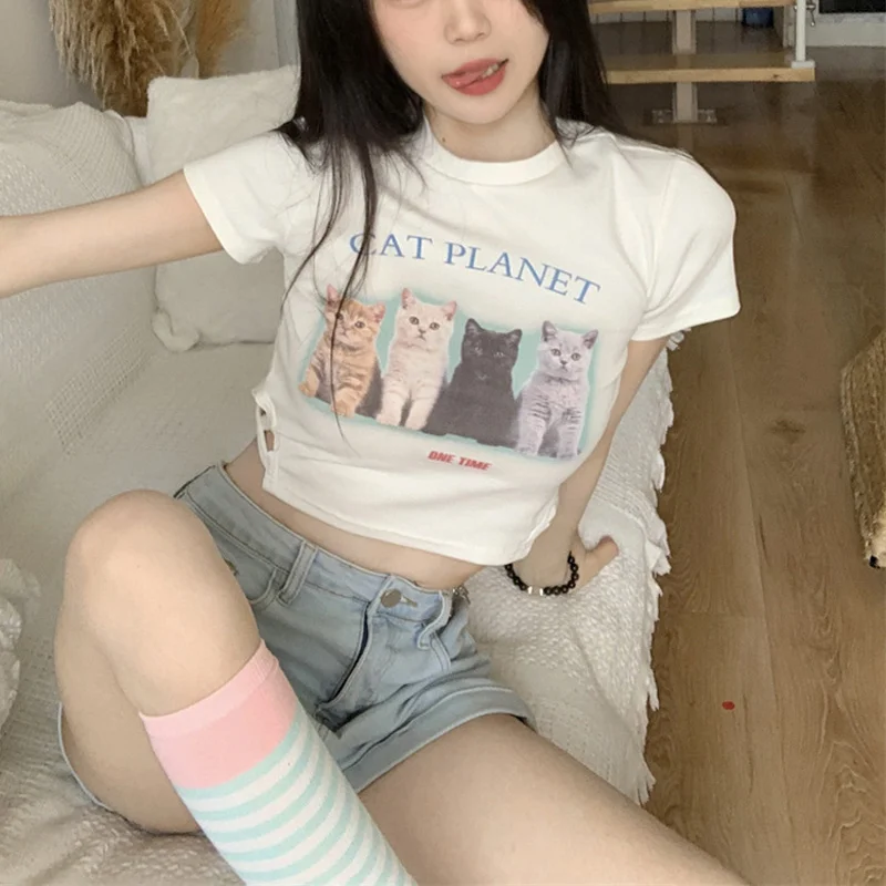 Chic Women Short Sleeve Tee T-shirts Summer Clothes 2024 New Korean Popular Style Female Casual Cat Print White Crop Tops