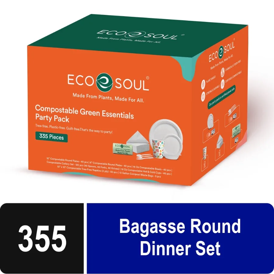 Compostable Dinnerware Set for 40 Guests with Sugarcane Bagasse Plates Bowls Cups Cutlery Napkins and Compost Waste Bags - 335