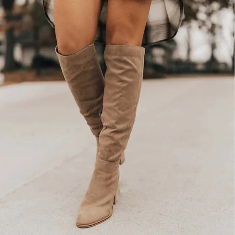 Knee High Boots Women 2024 New Thick Heel High Heel Small Person Show Thin Suede Boots Women Side Zipper Boots Brown Long Boots