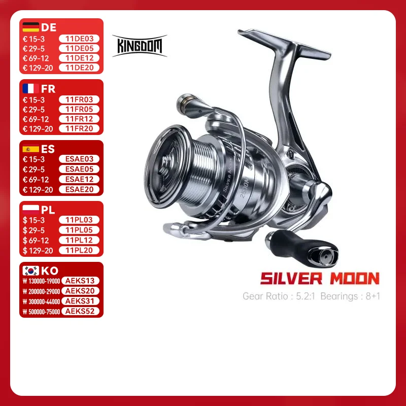 kingdom-moulinet-spinning-silver-moon-avec-corps-en-nylon-et-carbone-moulinet-de-peche-en-eau-douce-roulements-8-1-rapport-d'engrenage-52-1-trainee-maximale-de-9kg