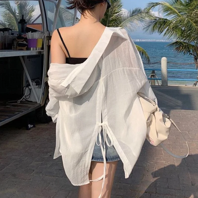 2025 Summer Sun Protection Shirt Women Korean Fashion Back Split Lace Up White Shirts Women Casual Loose Holiday Beach Blouse