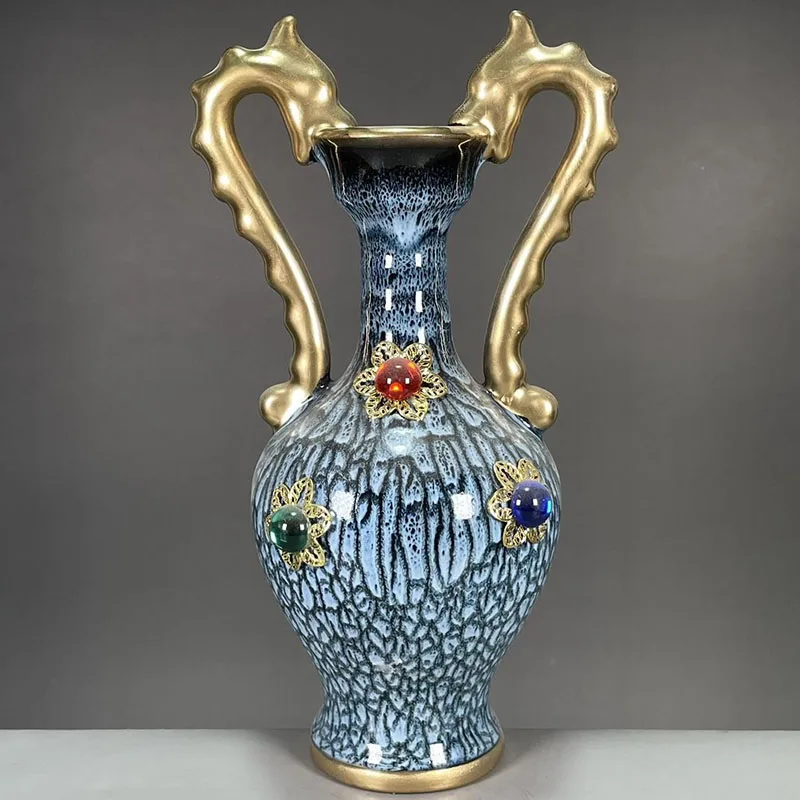 

Antique Jun Porcelain Collection Song Dynasty Gilded Gemstone Double Dragon Ceramic Vase Decoration Home Living Room Ornaments