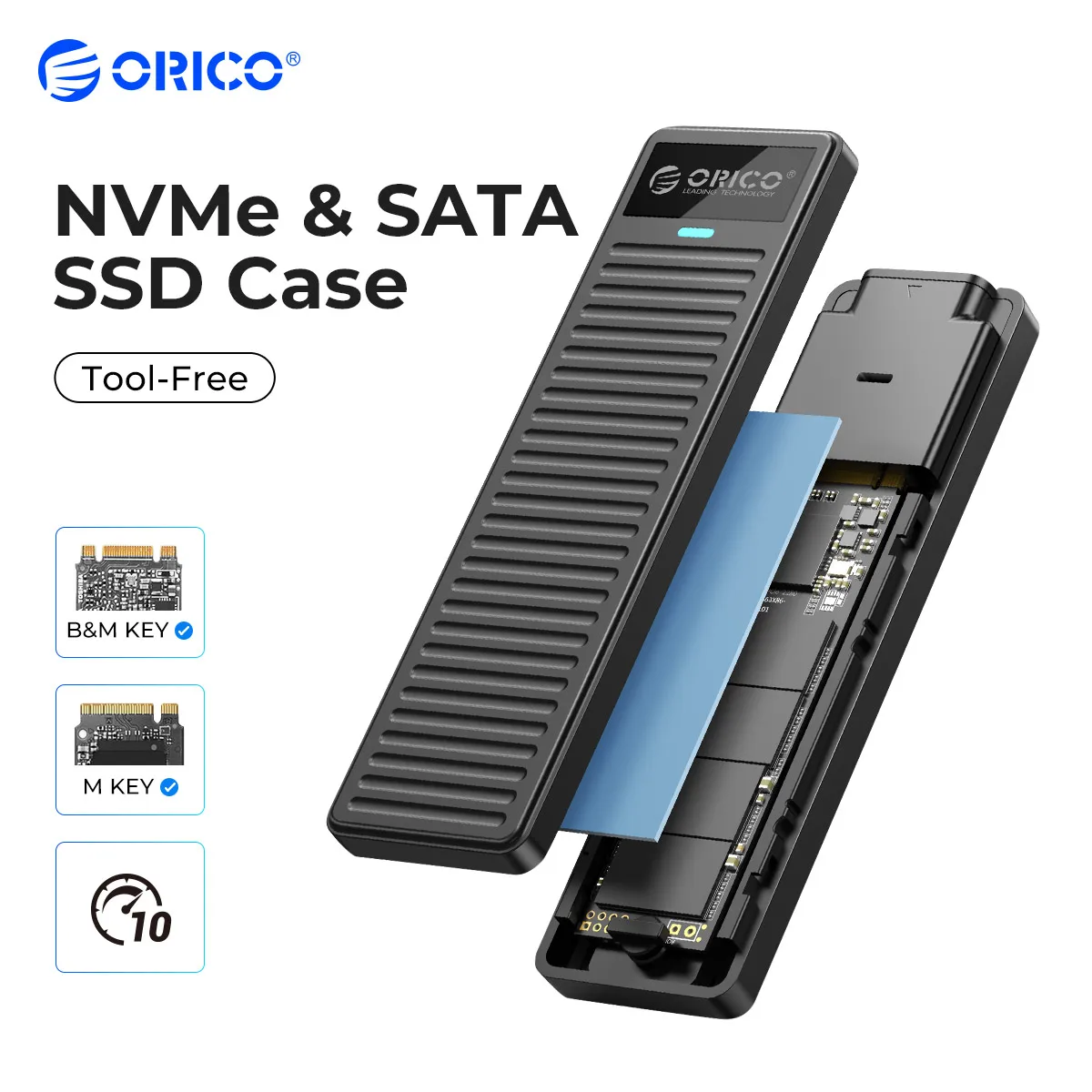 ORICO M.2 NVMe SSD Enclosure 10Gbps USB3.2 Gen2 M2 SSD Enclosure Case Box Simple Design for NVMe SATA Tool-free Support UASP