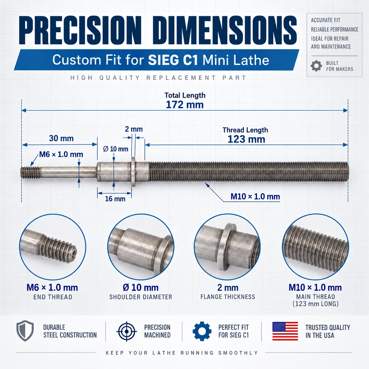 Metric Cross Slide Feed Screw C1-099 Precision Lathe Replacement Part for SIEG Grizzly M1015 G0937 SOGI M1-150 MS-1 Compact 7