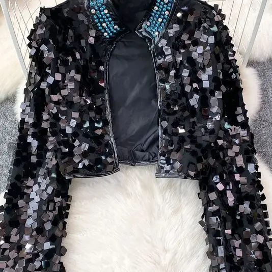 Within 60kg Autumn Winter Black Glossy Sequin Women's Jackets Top Long Sleeve Plus Size Shiny Party Club Pullovers