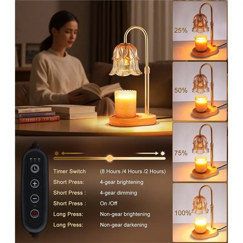 ABGH-Electric Candle Heating Lamp 1 Pc Dimmable Flower Glass With Adjustable Timer, Wax Melting Device, With Retro Base EU Plug