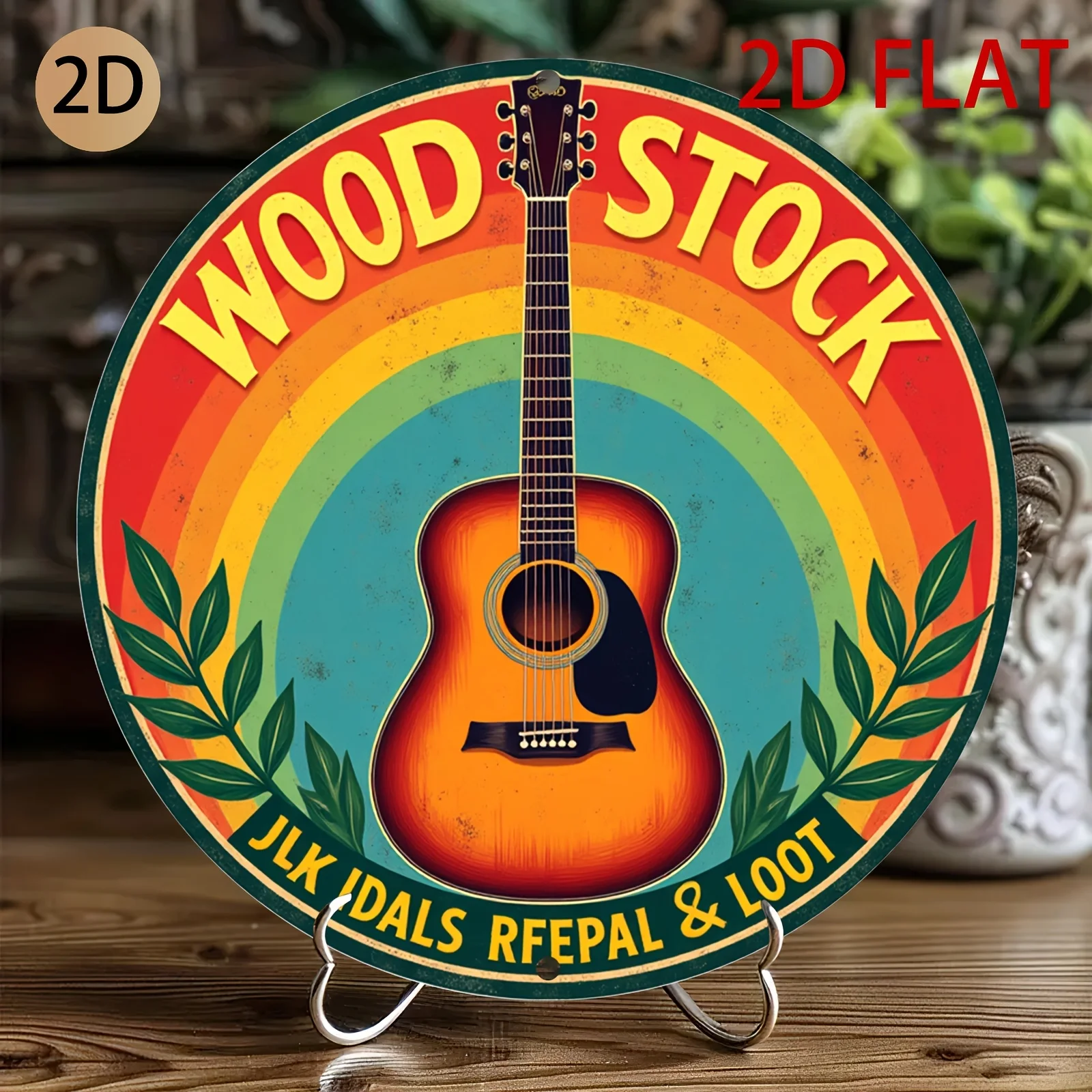Vintage Woodstock Music Festival Guitar Logo Metal Wall Art - Retro Tin-like Decor with Red-Yellow-Green Gradient Rainbow - Easy
