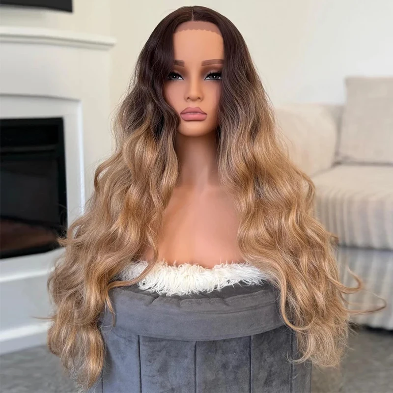 Ombre Honey Blonde Brown Soft Wavy Wig 180Density Thick Lightweight Lace Front Wig For Black Women With Babyhair Glueless Daily