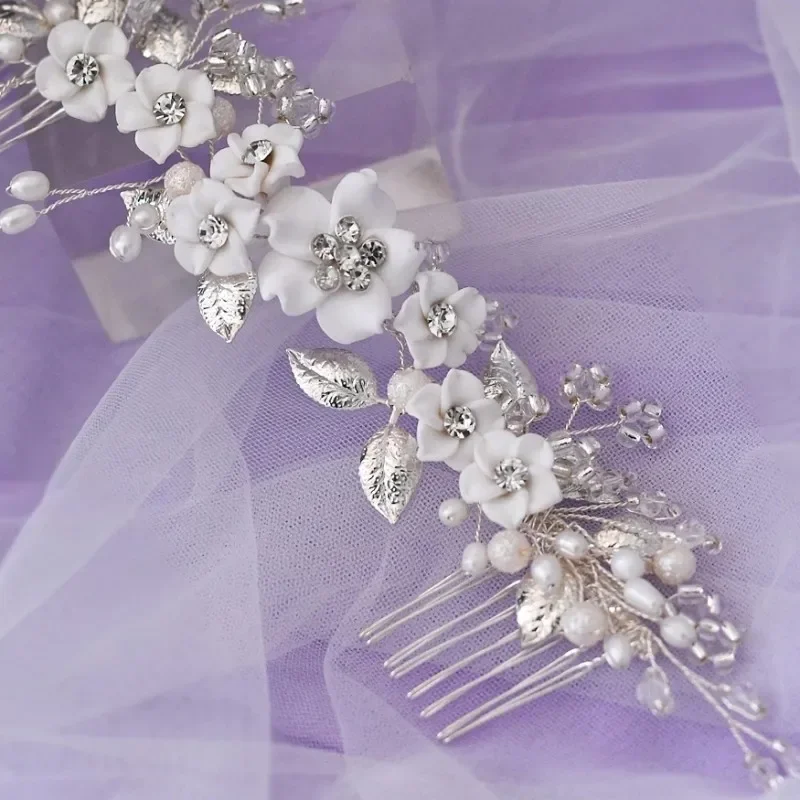 White Floral Wedding Hair Comb Crown Silver Color Pearls Bridal Headpiece Handmade Women Hairpiece Accessories