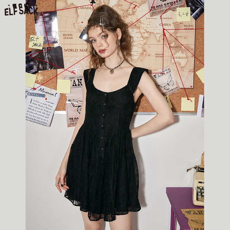 ELFSACK Black Lace Slip Dresses Women 2023 Spring/Summer Sleeveless Daily Dress