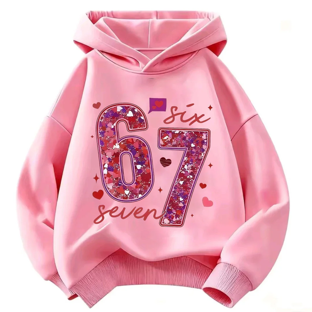 Kinder-Kapuzenpullover mit Glitzer, Nummer 67, Sechs, Sieben, Herz-Print, Langarm-Pullover, Sweatshirt für Mädchen, Lässige Herbst-Oberbekleidung – Detail 3