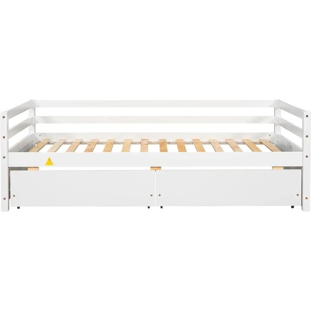 Twin Ligbed Met 2 Opbergladen, Houten Twin Size Ligbed Frame, Dual-Use Ligbed Sofa Kids Bed, Kinderkamer