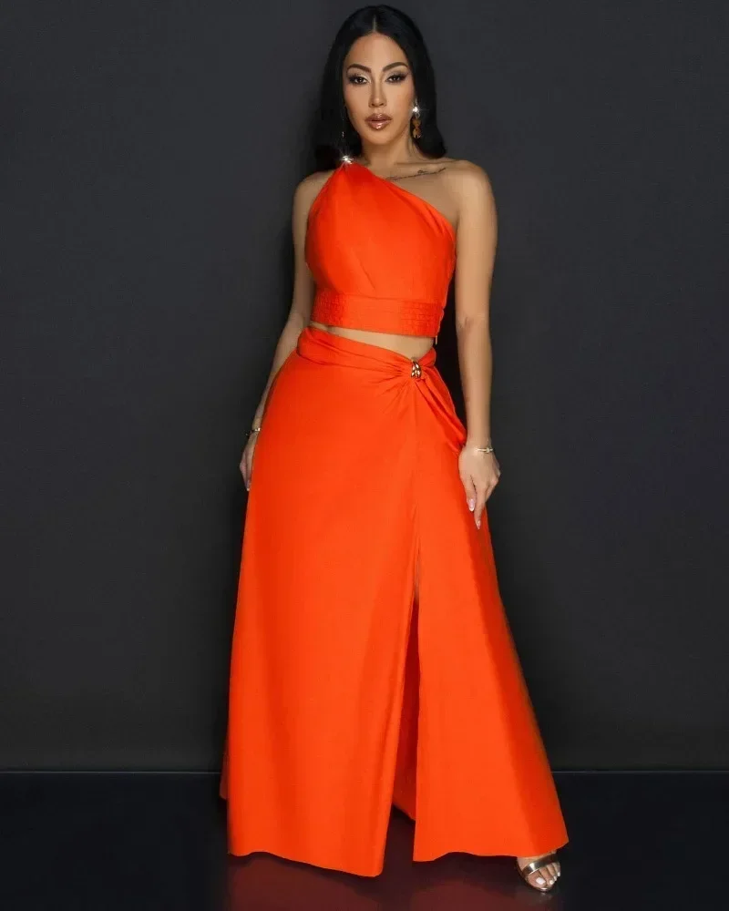 

GUWU Sexy Maxi Dress Sets Clubwear Party Prom Womens 2 Piece Outfit Set One Shoulder Crop Top and Long Skirt Matching Sets