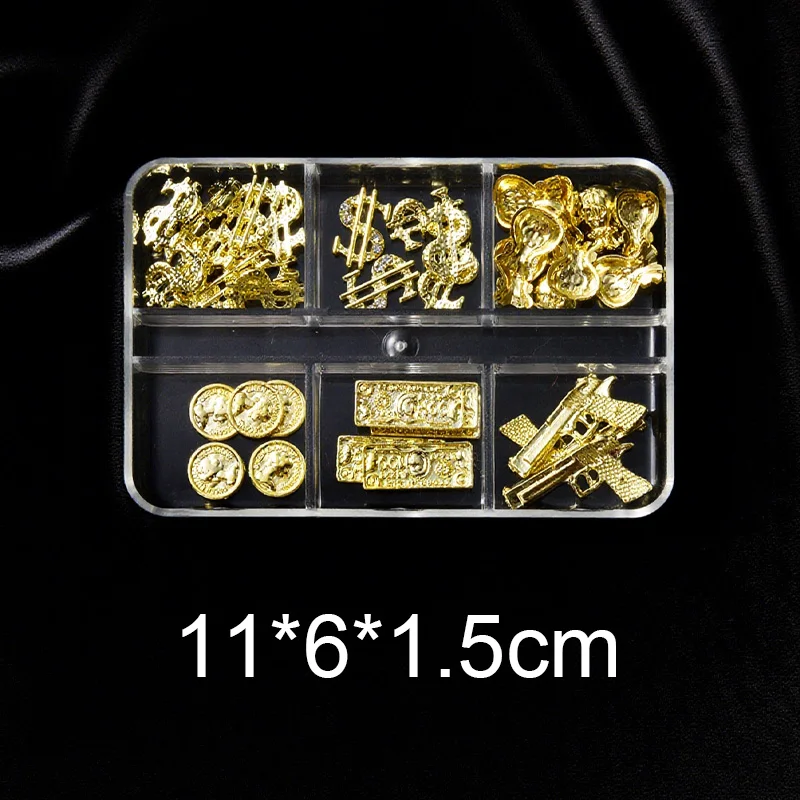 6 Grids Box Set 60pcs New Stylish Nail Art Jewelry Decor, Gold Gun & Wallet Metal Accessories Supplies