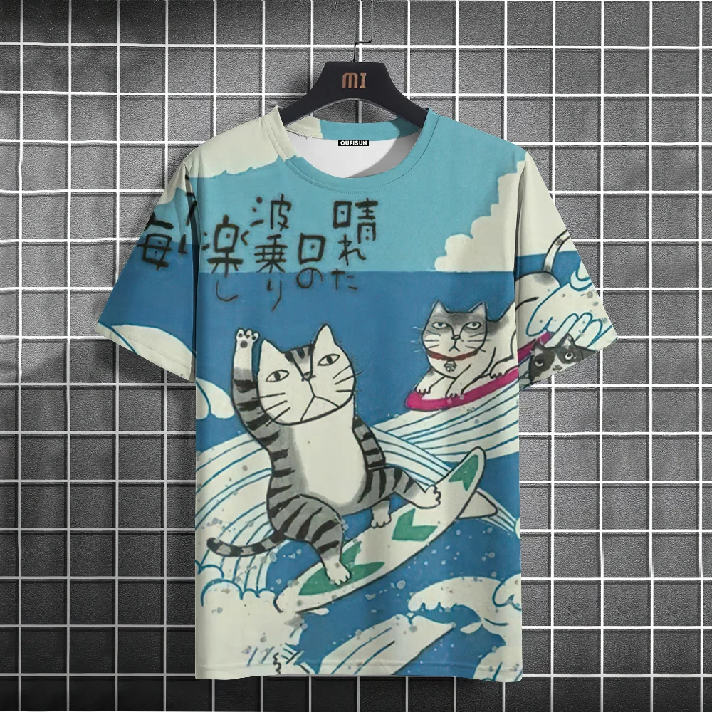 Funny Men\'s T-Shirt Animal Cat Pattern Printed T-Shirts Casual Short Sleeved Tees Oversized Men Clothing Tops Outdoor Streetwear