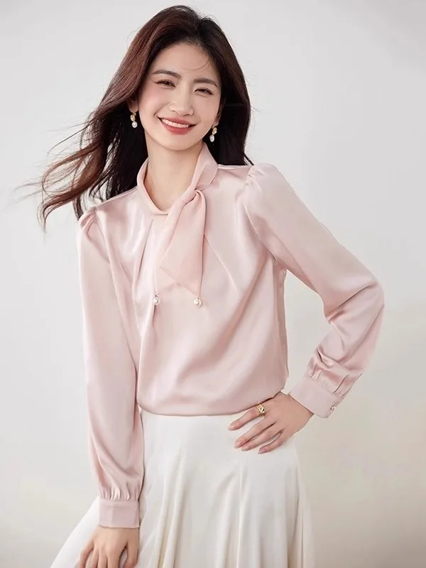 

Розовая блузка Ele с бантом для женщин, осенне-зимняя, винтажная, из шелка, струящаяся, профессиональная, для офиса, с длинным рукавом, индивидуальный дизайн