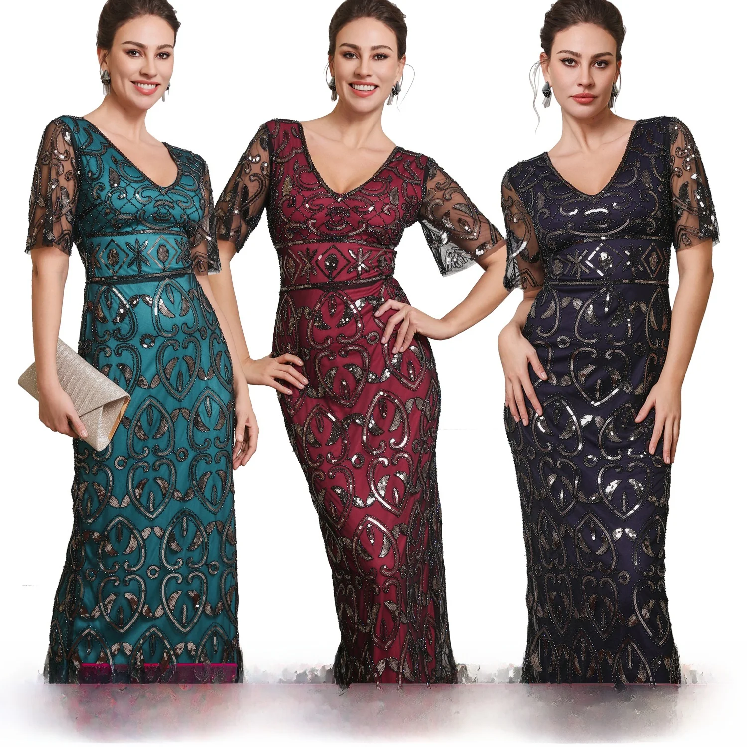 Shiny Sequin Evening Dress Fashionable Waist-Cinching Party Dress Long Gown High Waist Short Sleeve Bodycon KTV Costume
