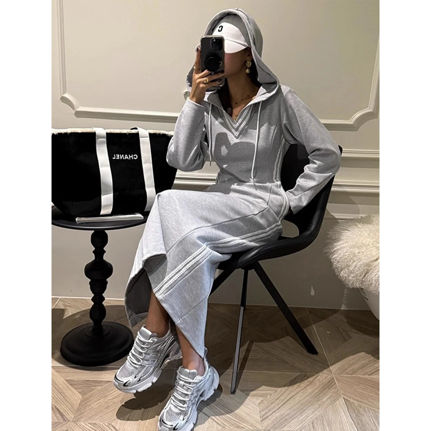 Retro emendado cor blo renda dstring com capuz de malha dr feminino emagrecimento longo dr cintura alta commute sle longo sve