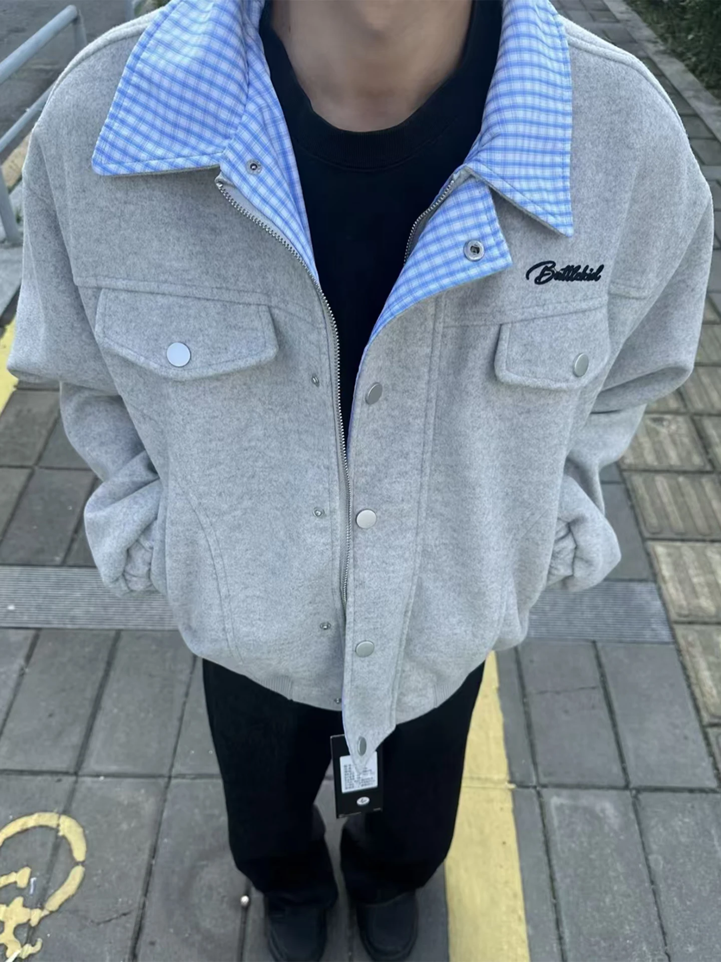 

American Retro Plaid Stand Collar Jaet Men's Loose Miu System Autumn Outerwear Cleanfit Deconstructed Long Sve irt