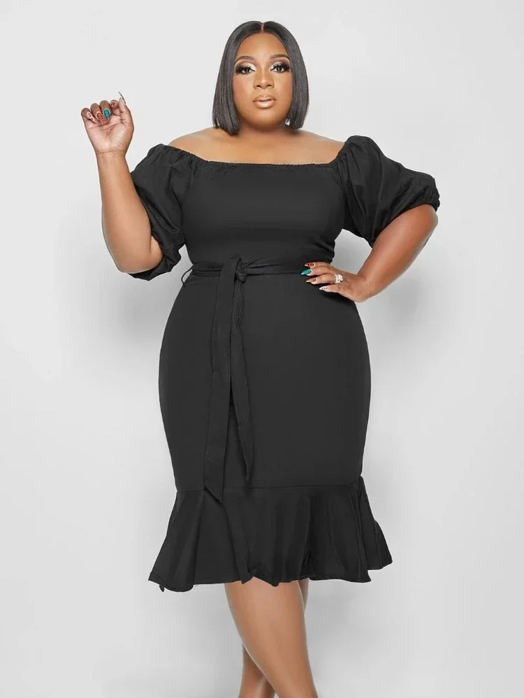 

Off Shoulder Dresses for Women Slash Neck Lantern Sleeves Lace Up Trumpet Party Club Prom Elegant Simple Evening Plus Size Frock