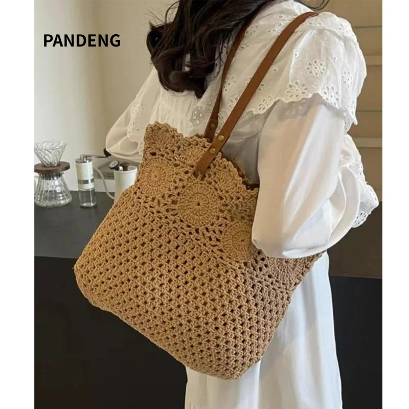 

Ladies Beach Leisure Shoulder Bags Women's Summer Artistic Weaving Crochet Tote Handbags Female Retro Hollow Solid Crossbody Bag