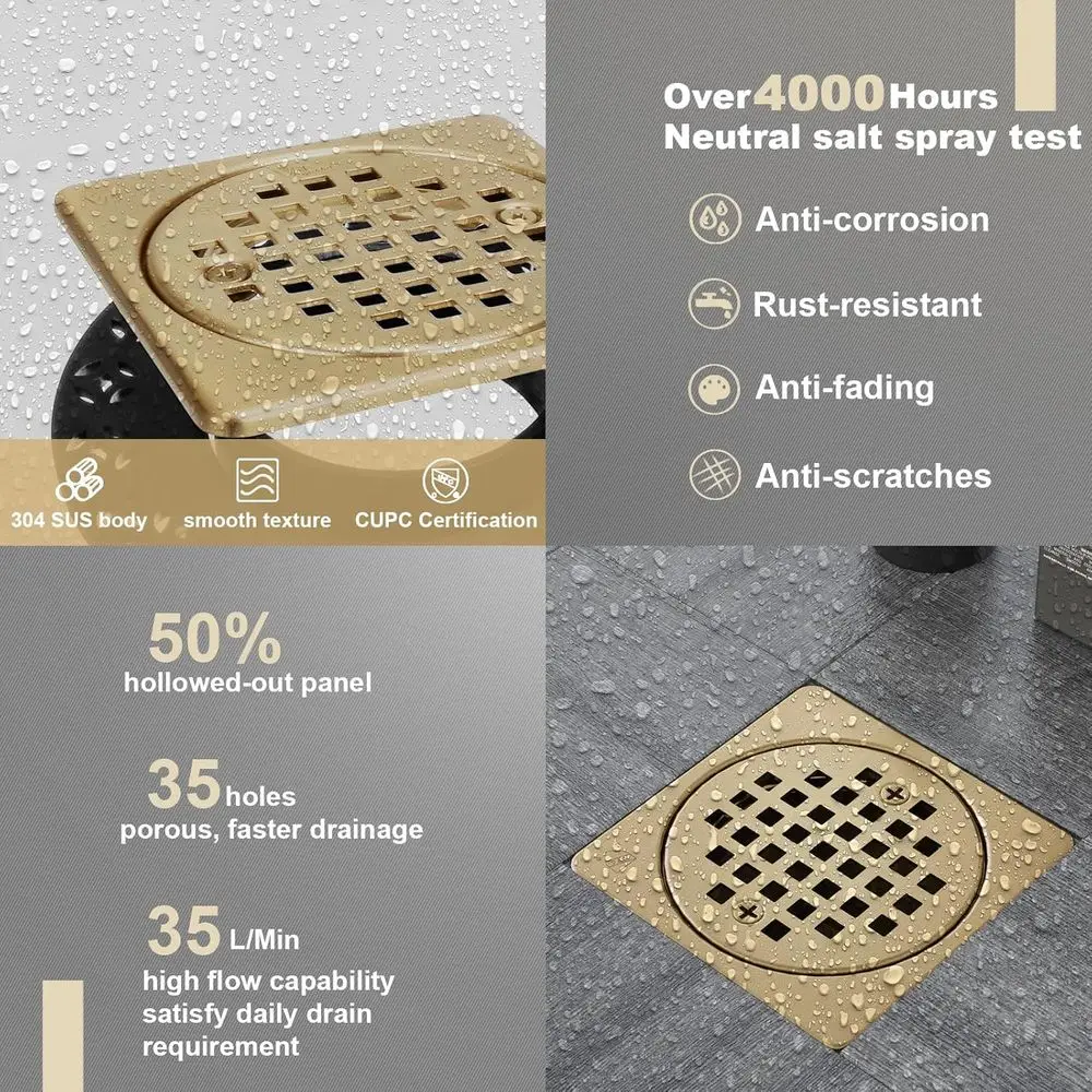 Kit de Grelha de Drenagem de Chuveiro em Bronze de 4 Polegadas com Colar Ajustável e Ralo de Chão Quadrado Removível, Compatível com o Sistema Kerdi Drain