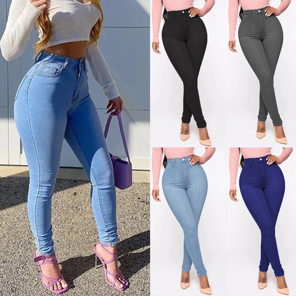 High Waist Women\'s Jeans Stretch Skinny Denim Pants Blue Retro Washed Elastic Slim Pencil Trousers