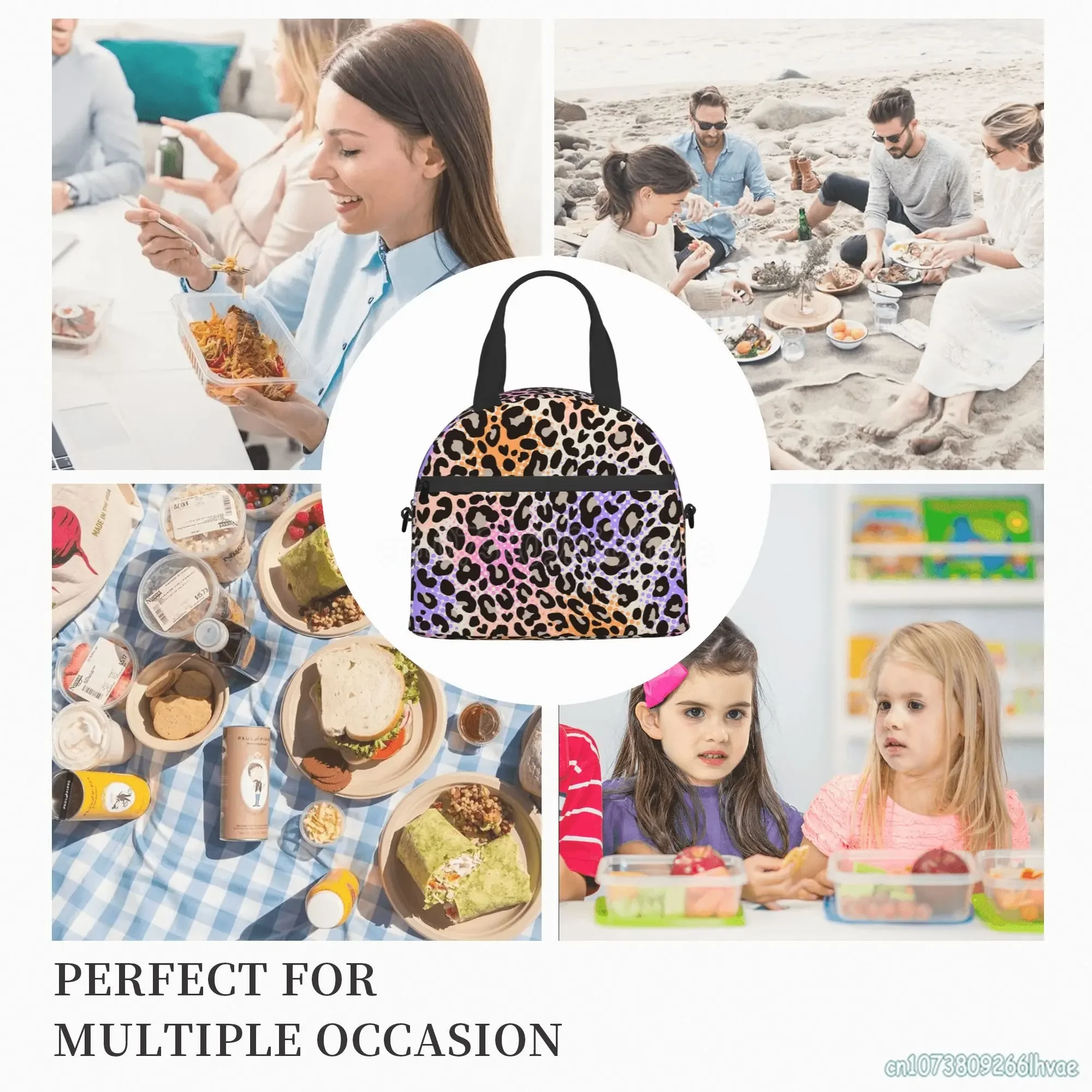 Borsa da pranzo isolata con stampa leopardata colorata per donna borsa termica impermeabile riutilizzabile portatile Bento per viaggi in spiaggia da