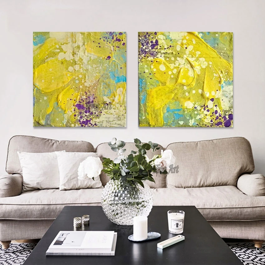 2 Panel Canvas Wall Art, Yellow Thick Acrylic Simple Abstract Oil Painting, Frameless, Living Room Pictures, Decorative Items