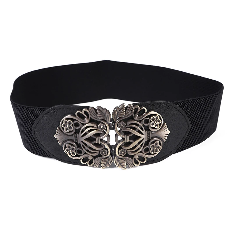 Elegant Metal Buckle Elastic Black Belt For Women Wide Waistband For Dress Coats Girdles Leisure Fashionable Waistband Belt