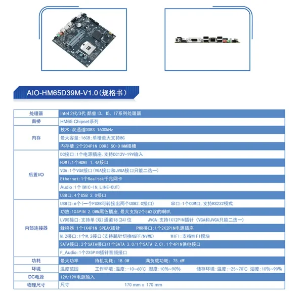ITX Industrial Motherboard DDR3 RAM COM Port DC 12V-19V Power，HM65 All-in-One