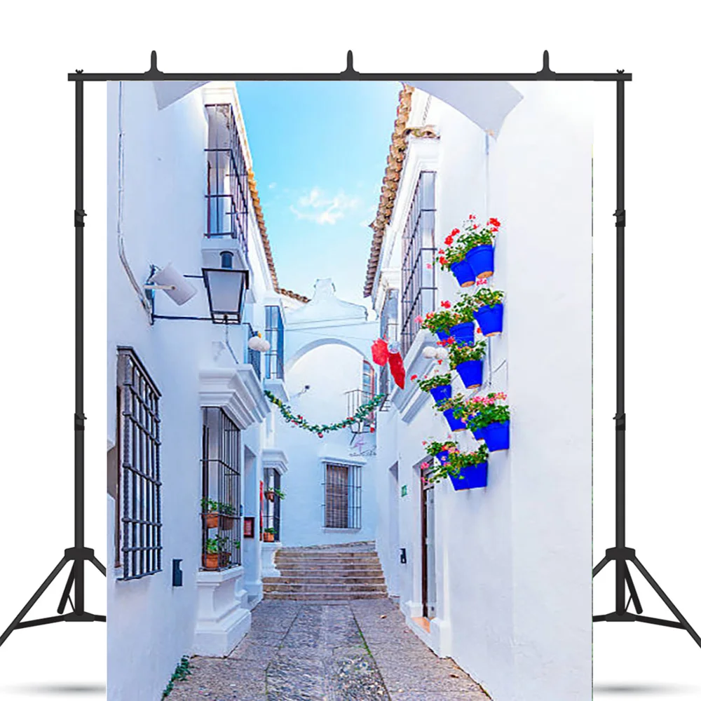 Santorini Greek Aegean Sea Holiday Party Decoration Bay Town Architecture Flowers Stairs Photography Background  XC-04