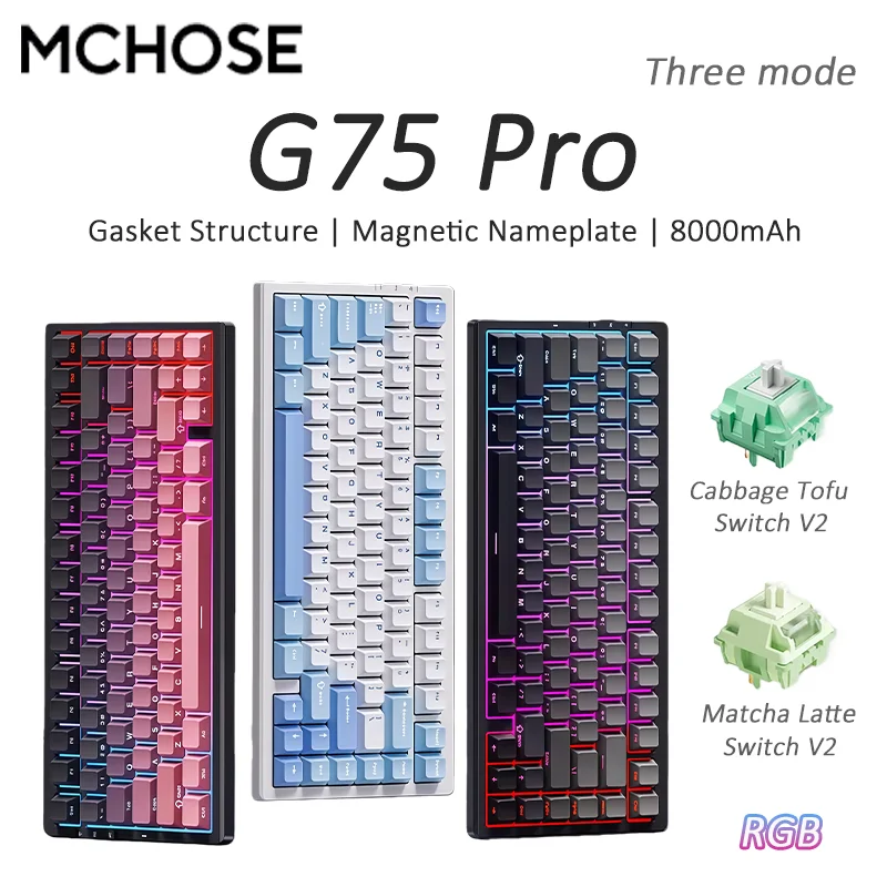 

Механическая клавиатура MCHOSE G75 Pro 75% с боковой гравировкой, беспроводная, Bluetooth, настраиваемая, для игр и киберспорта, три режима, RGB, бесшумная, с возможностью горячей замены переключателей