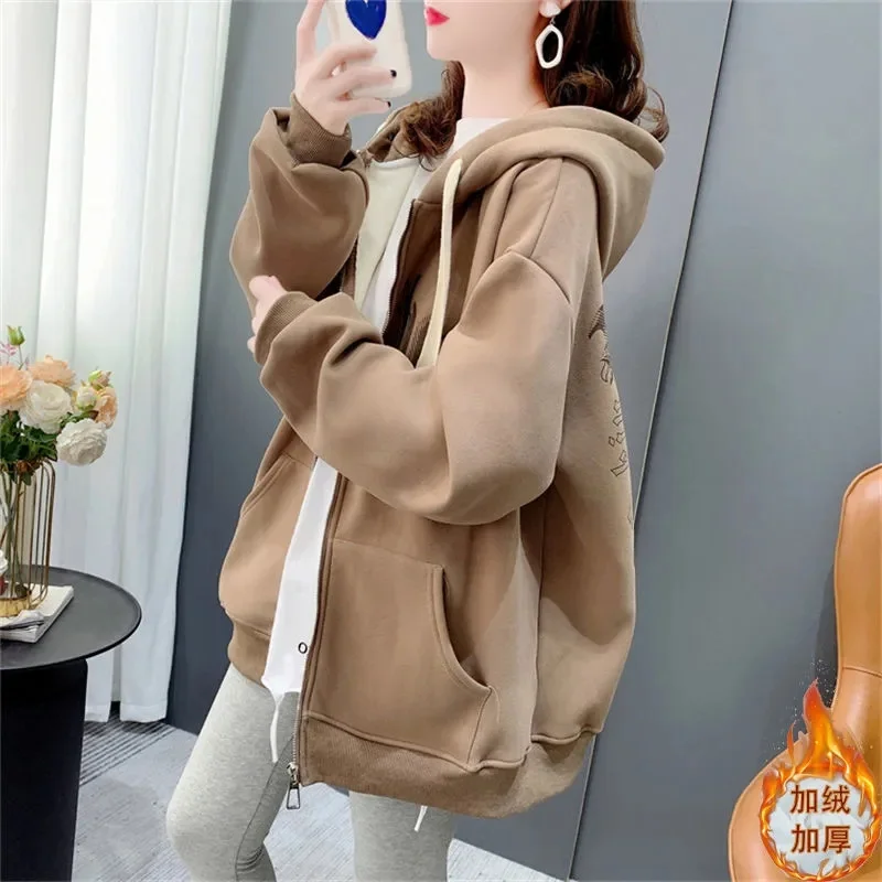 

Plush Hooded Casual Sweatershirt Coat Women Autumn Winter 2023 New Loose Lazy Style Versatile Long Sleeved Cardigan Top Female